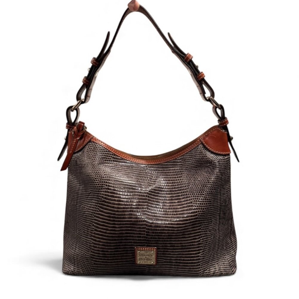 Dooney & Bourke Embossed Lizard Leather Hobo Bag Brown Red Interior EUC